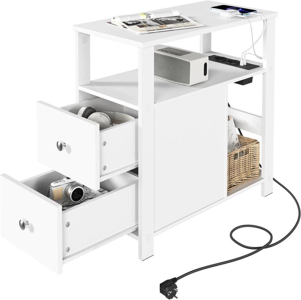 Tavolino Stretto con Stazione di Ricarica per Divano, Comodino con 2 Cassetti 2 Ripiani 1 Scomparto, per Soggiorno, Camera da Letto, 60x60x30 cm, Bianco
