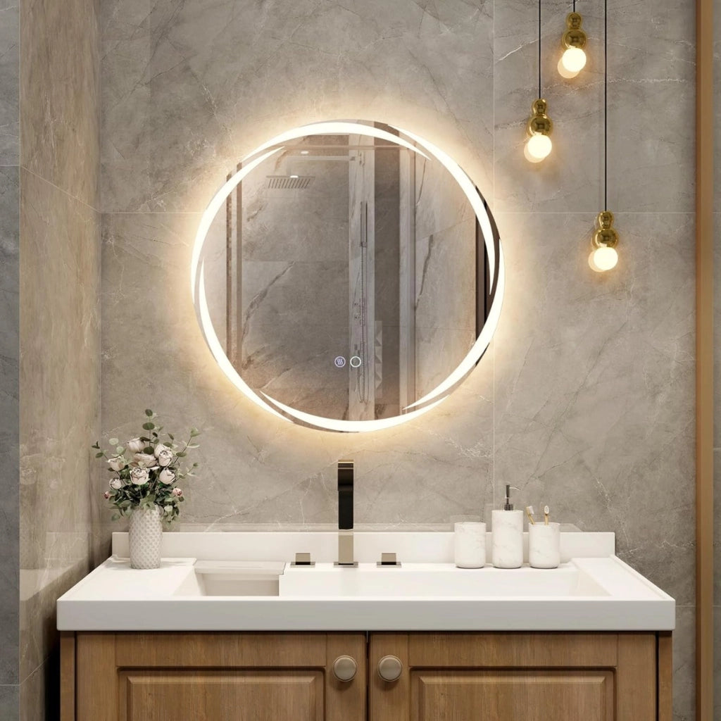 Specchio da bagno 60x60cm con luci dimmerabili a 3 colori interruttore a sfioramento anti-appannamento, Specchio LED