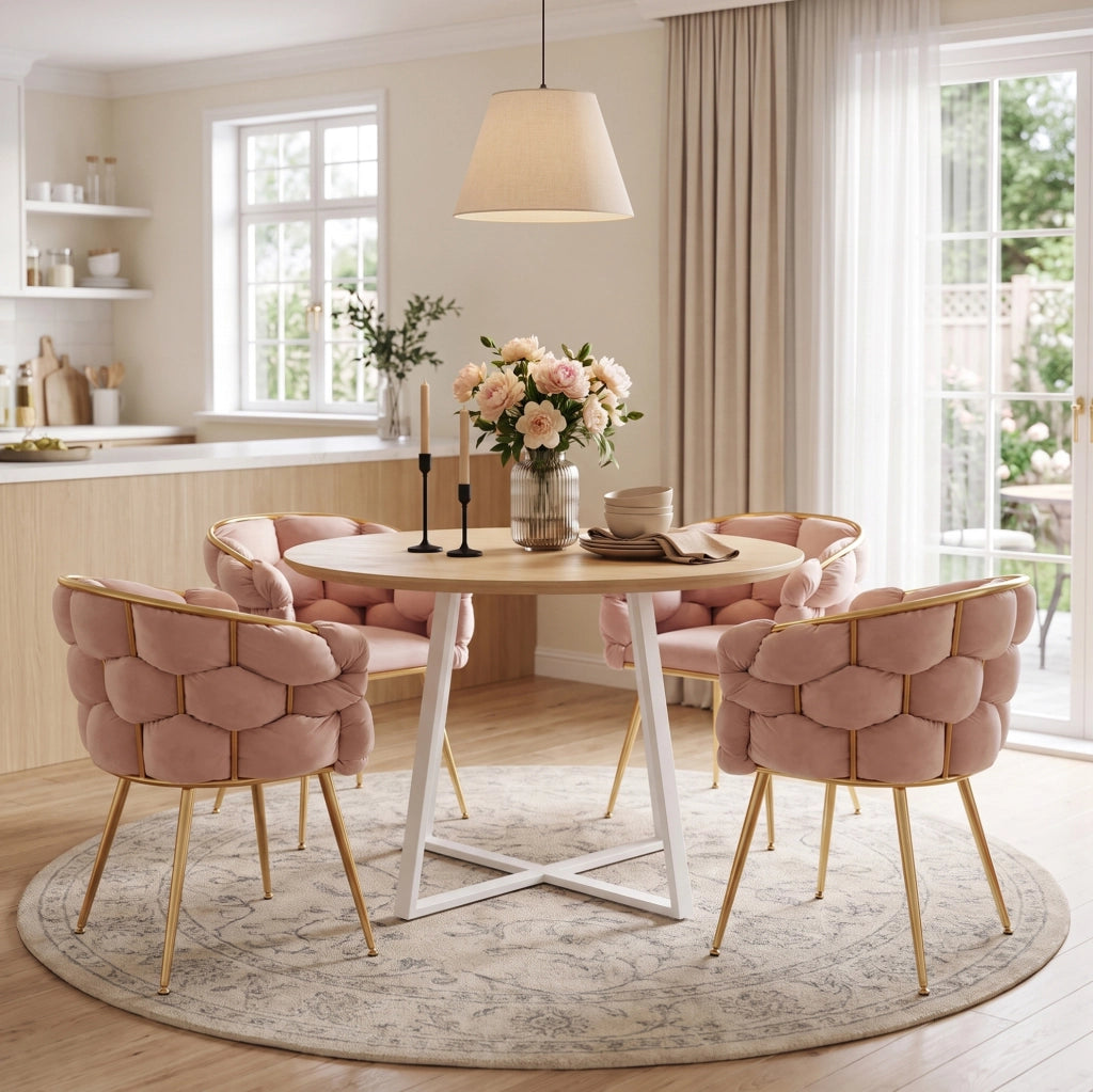 Sedia da trucco in velluto rosa con gambe in metallo dorato