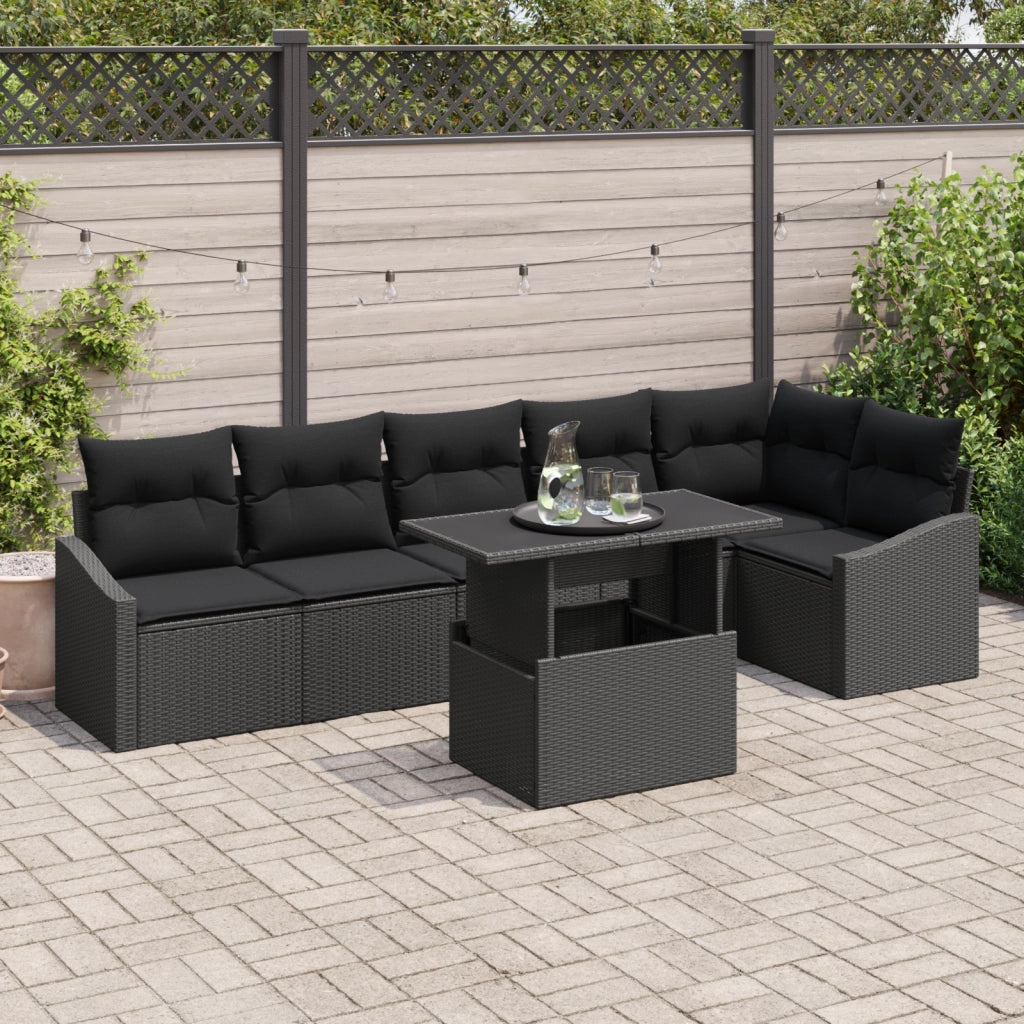 Set di Divani da Giardino a 7 pezzi con Cuscini Neri in Polyrattan