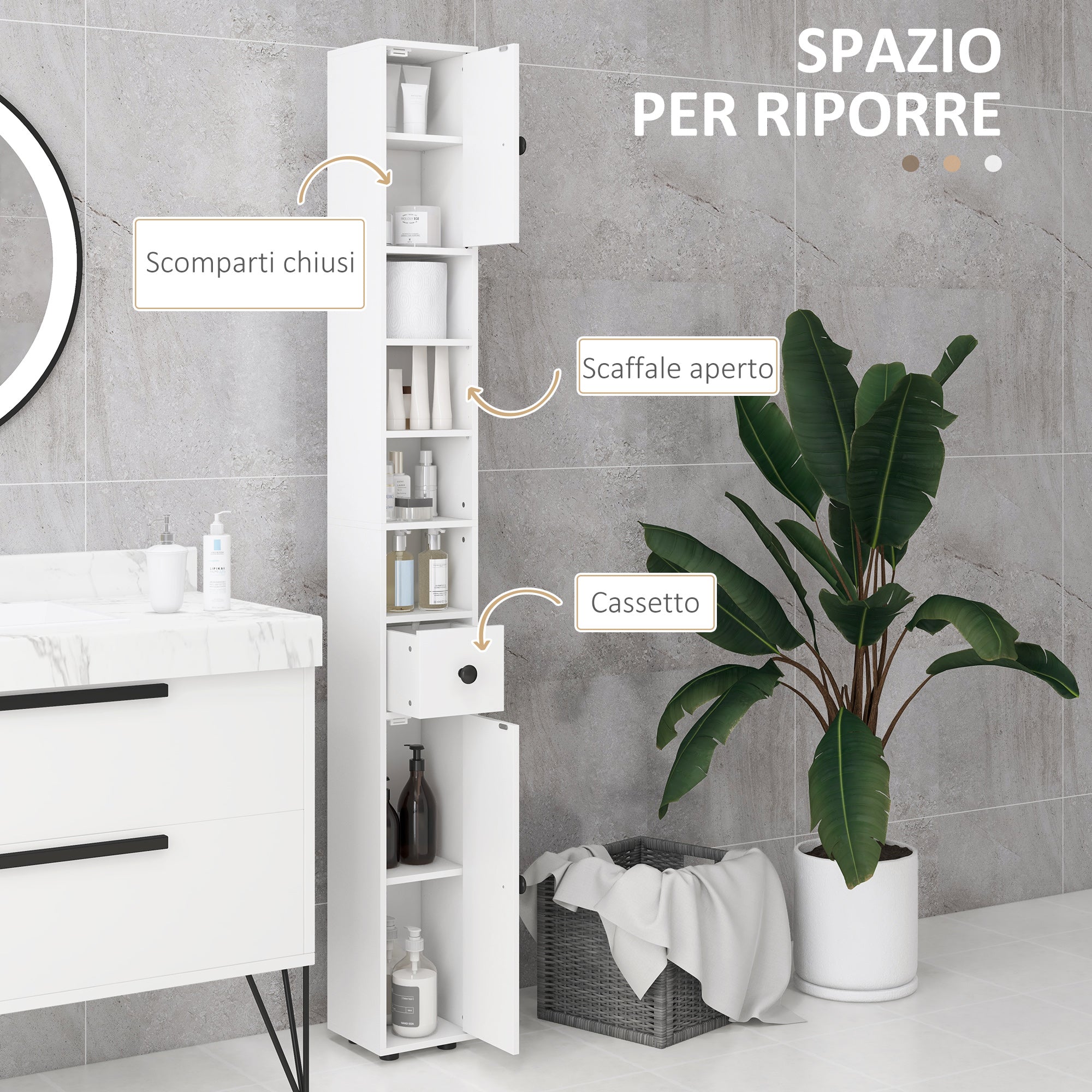 Mobile a Colonna Bagno 20x20x180 cm Design Slim in Legno Bianco
