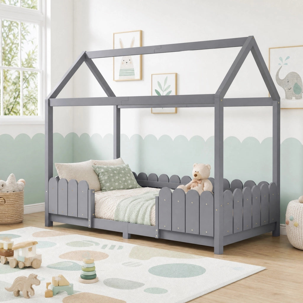 Letto a casetta 90 × 200 cm con tetto e barriera anticaduta rete a doghe in legno di pino e MDF grigio