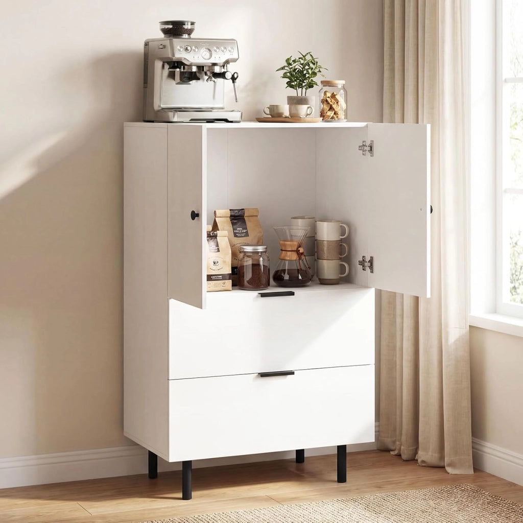 Mobiletto di Stoccaggio con 2 Cassetti e Scomparto a Doppie Porte, Tavolino in Stile Industriale con Gambe in Metallo Robuste, Dispositivo Anti-Ribaltamento, Caffè/Bianco