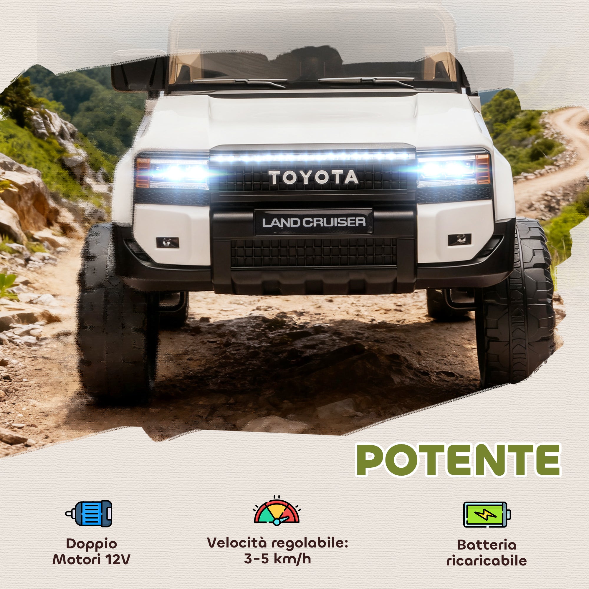 Macchina Elettrica per Bambini Toyota Land Cruiser 12V con Telecomando Età 3-6 Anni Bianco