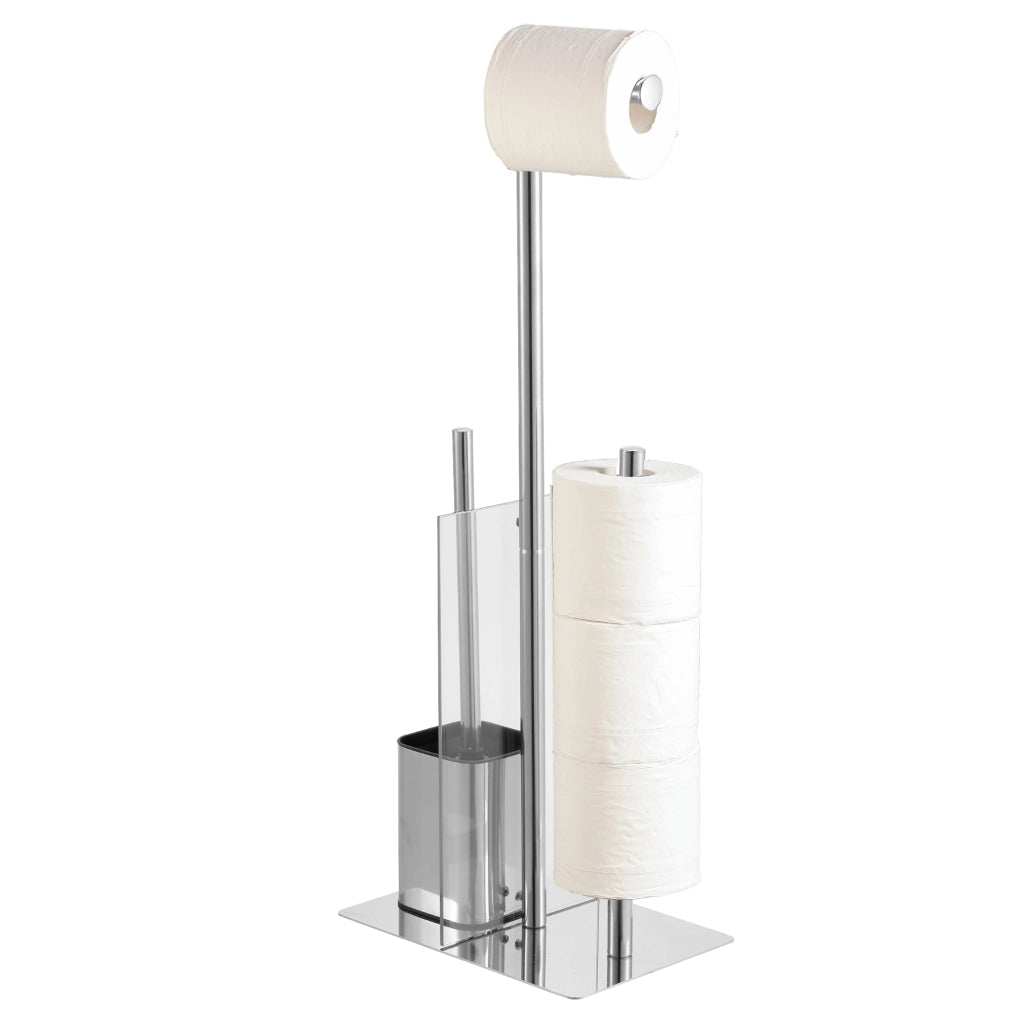 Accessori Bagno da Terra in Acciaio Inox – Piantana Porta Rotolo Carta Igienica con Scopino Water / Porta Salviette Multibraccio – Design Moderno Antiruggine, Base Stabile, Facile da Pulire Modello Carlo