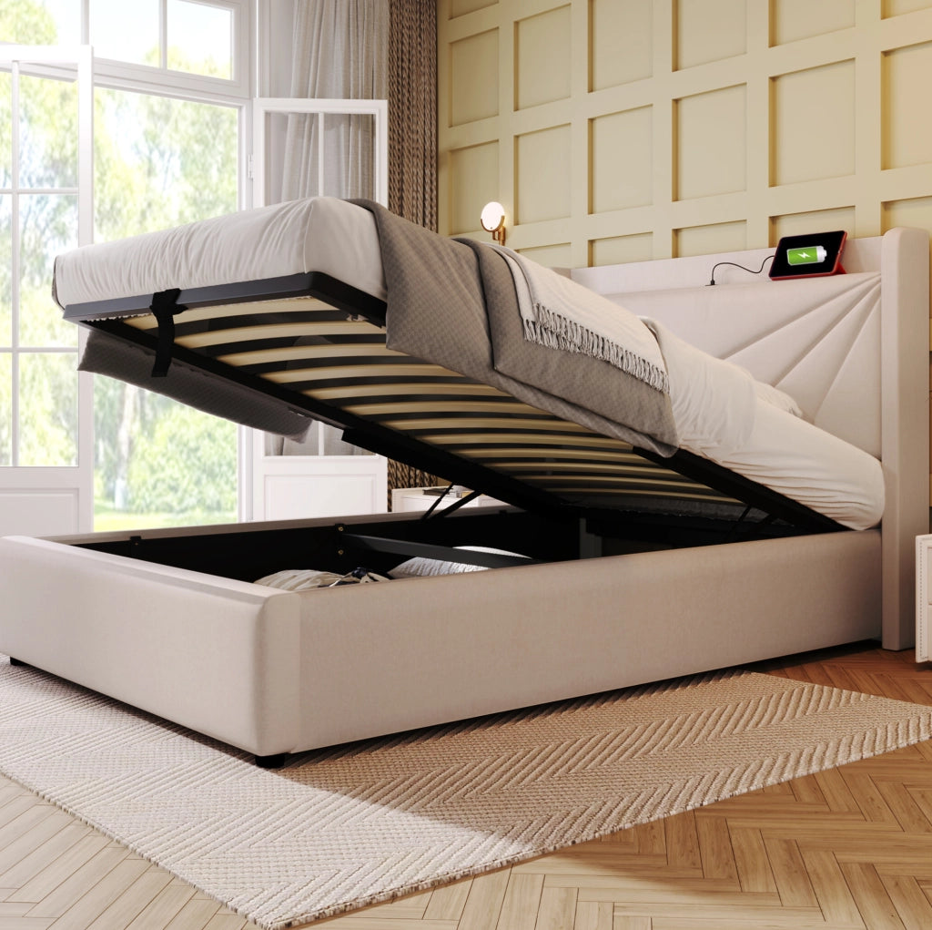 Letto singolo con contenitore e ricarica USB Tipo C 90x200 cm in cotone e lino beige