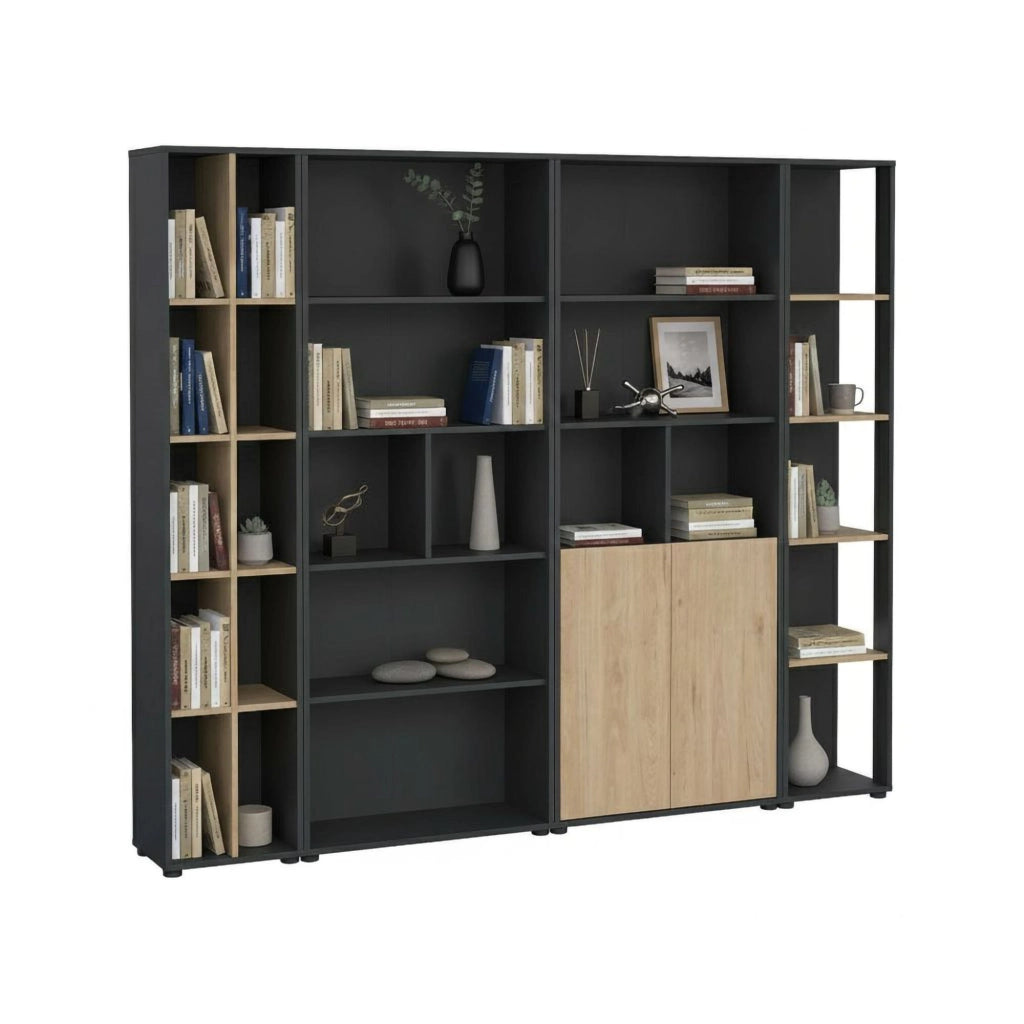 Parete attrezzata Litvjak, Composizione soggiorno, Mobile salotto multiuso, Armadio porta TV, 241x34 h205 cm, Rovere e Grigio