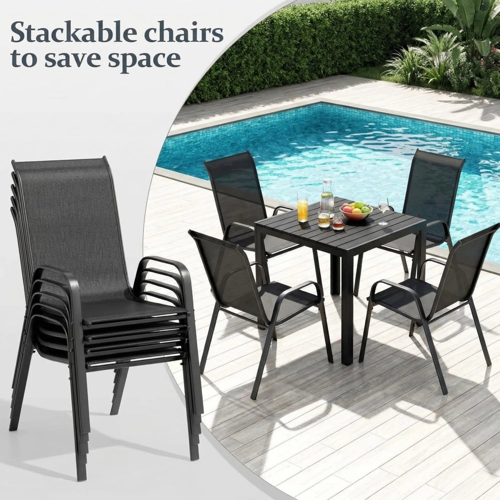 Set di mobili da giardino, 5 pezzi, con 4 poltrone impilabili e 1 tavolo quadrato WPC, mobili da balcone, mobili da terrazza per tutte le stagioni, terrazza, giardino ed esterni