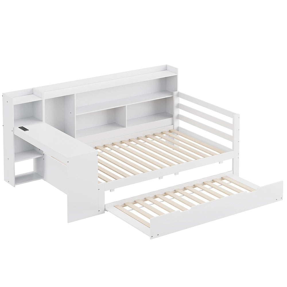 Divano letto-Xylo-90x200 cm-scrivania, scaffali, presa, legno bianco