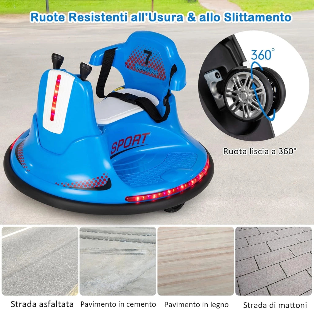 6V Autoscontro Elettrico per Bambini, Veicolo Elettrico con Telecomando, Girevole a 360°, Luci LED Colorate e Cintura di Sicurezza Regolabile, 37-95 Mesi (Blu)
