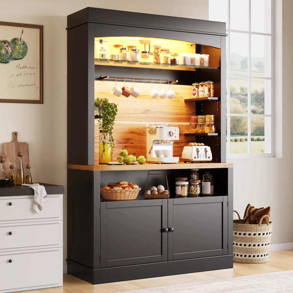 Credenza cucina 107x43x184 cm con illuminazione LED; ripiani aperti; MDF e metallo; nero