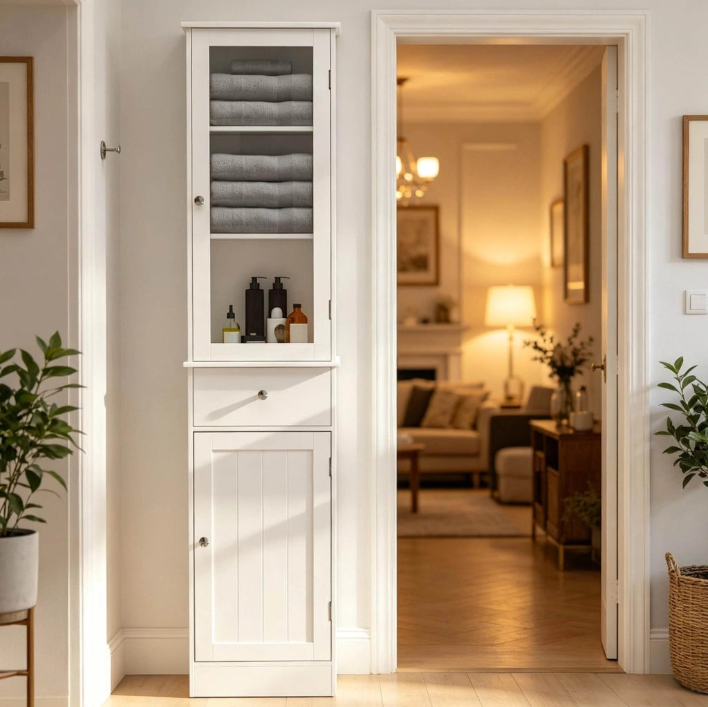 Colonna bagno salvaspazio in MDF bianco con anta acrilica