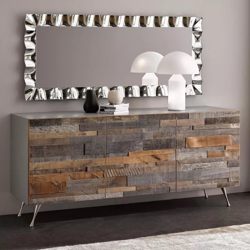 Madia 3 ante contemporanea legno mosaico gambe acciaio 189x47x80 (302) - Mobili 2G