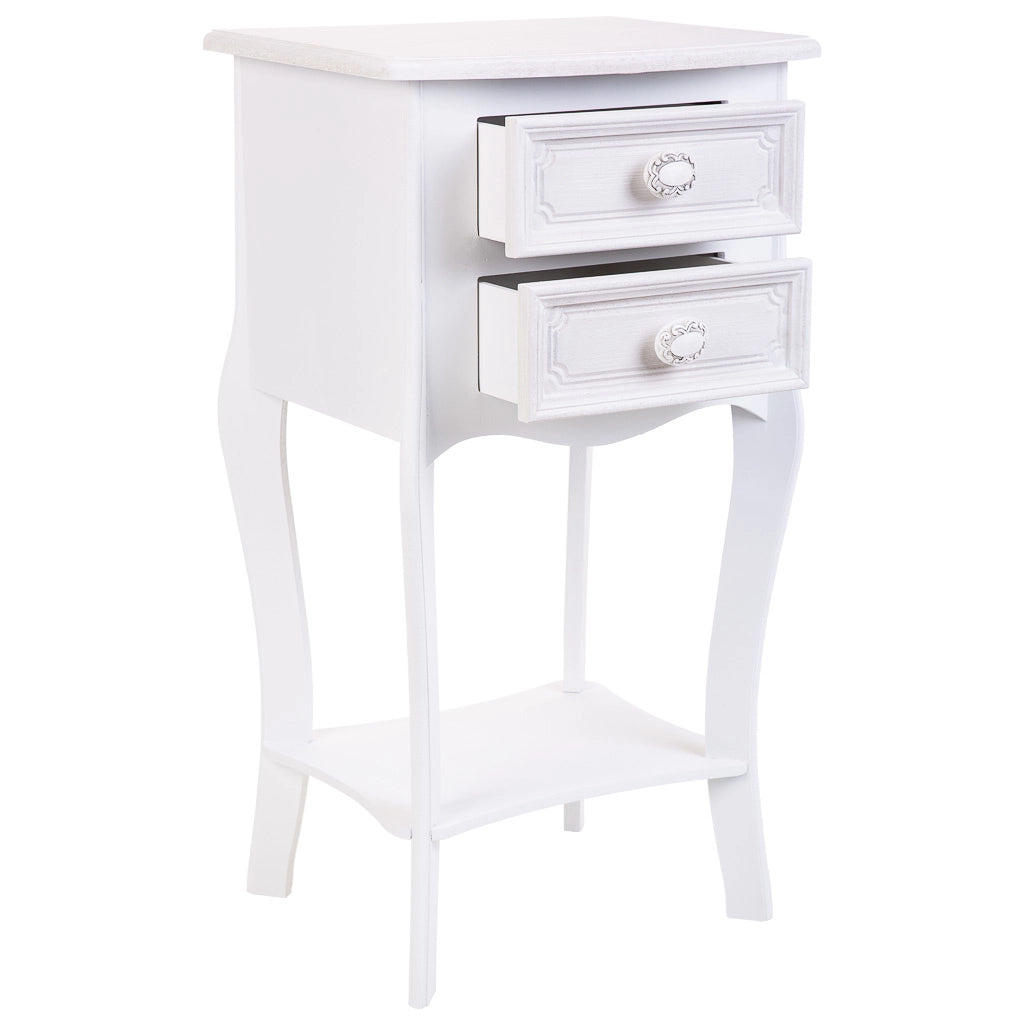 Comodino in legno con 2 cassetti e 1 ripiano bianco 38x31,5x71.
