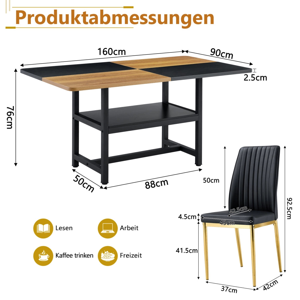 Tavolo da pranzo per 4 persone con vano contenitore e 4 sedie in PU per cucina e sala da pranzo moderno nero e oro