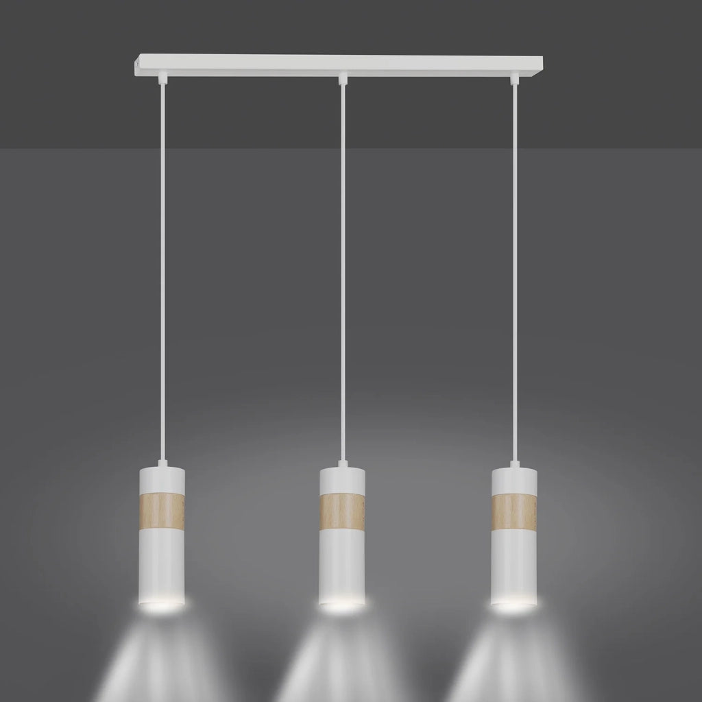 Lampadario 3 Luci Change In Acciaio Bianco A Cilindro Con Legno Naturale