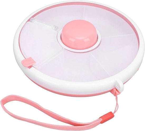 Borsa per Frutta e Snack Rotante per Bambini con Coperchio - Tavolo Portatile - 5 Compartimenti - Rosa - Adatto per Frutta e Snack.