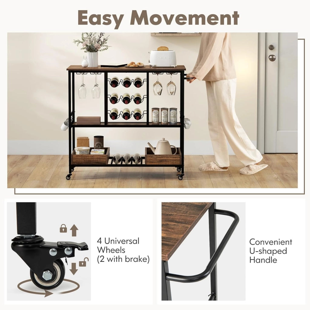 Carrello di Servizio Industriale a 3 Livelli, Carrello da Cucina con Portabicchieri, Porta Bottiglie, 107,5x40x91,5 cm