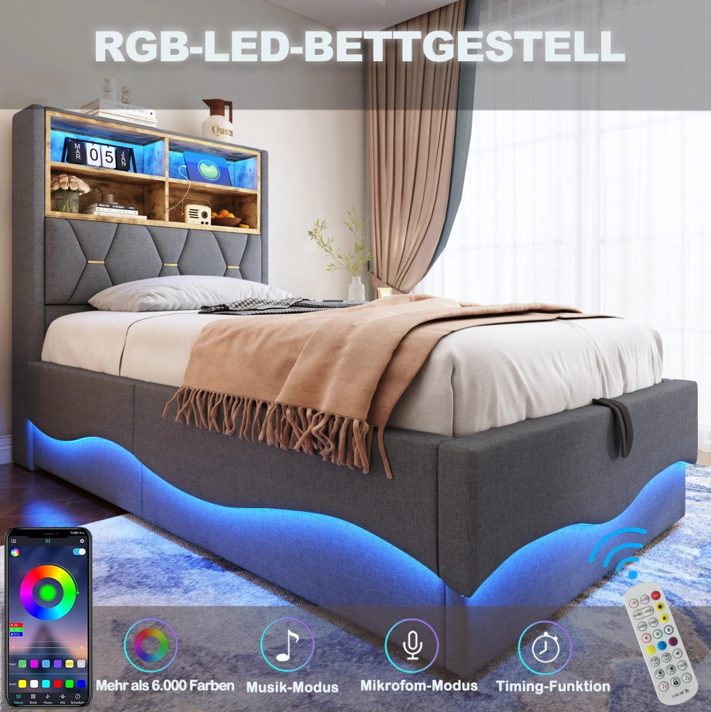 Letto per bambini 90x200 cm con contenitore idraulico; LED e USB in lino grigio
