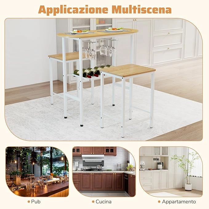 Tavolo da Pranzo con 2 Sgabelli, Tavolino e Sedie con Portabottiglie, Poggiapiedi e Struttura in Metallo, Mobili da Cucina per Bar, Bistro e Soggiorno (Naturale e Bianco)