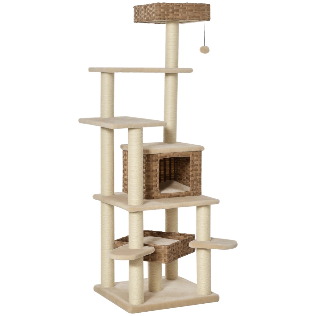 Tiragraffi multilivello con grotta per gatti ¨C Xylo ¨C Rattan beige e marrone 55x55x174 cm