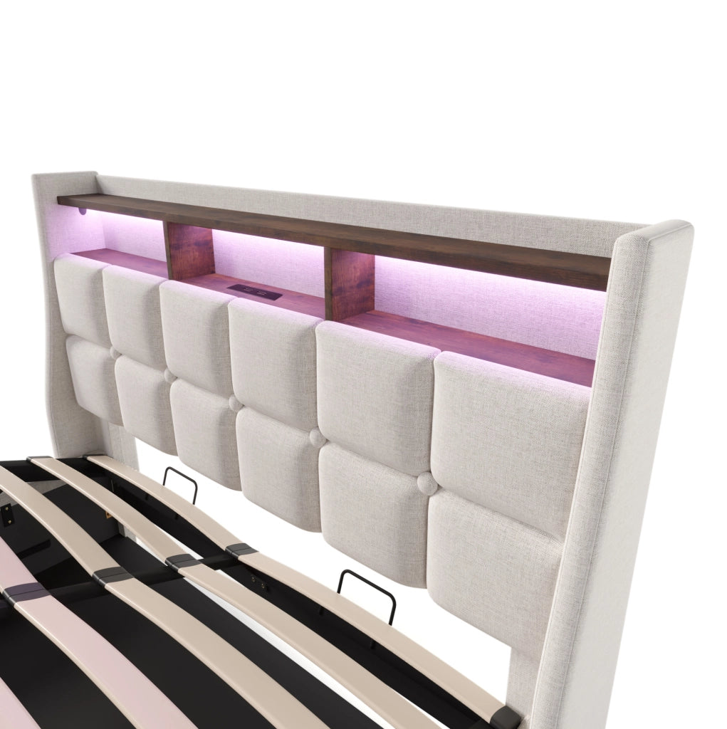 Letto matrimoniale 160x200 cm imbottito con LED; USB e contenitore; beige chiaro
