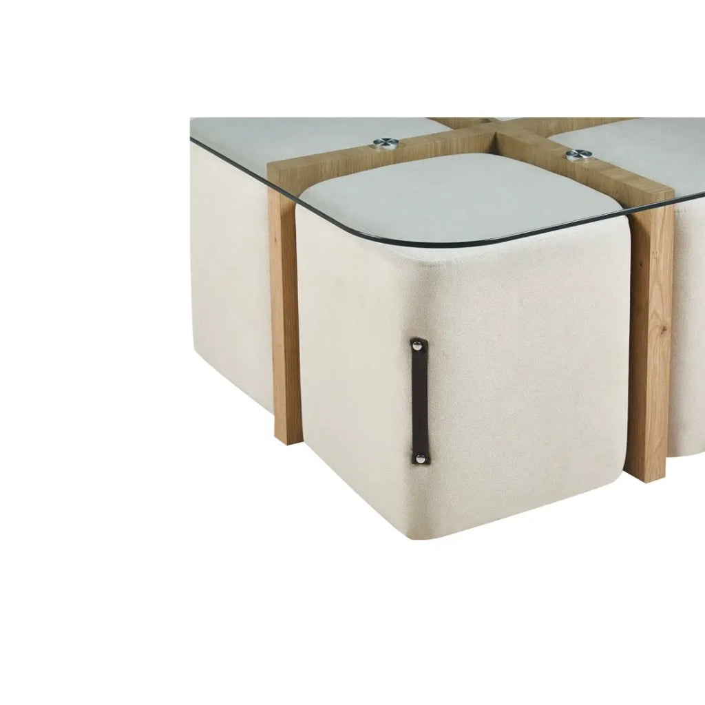 Tavolino QUADORA – Quadrato 90x90 cm – Vetro & quercia invecchiata – Con 4 pouf bianchi – Design pratico ed elegante