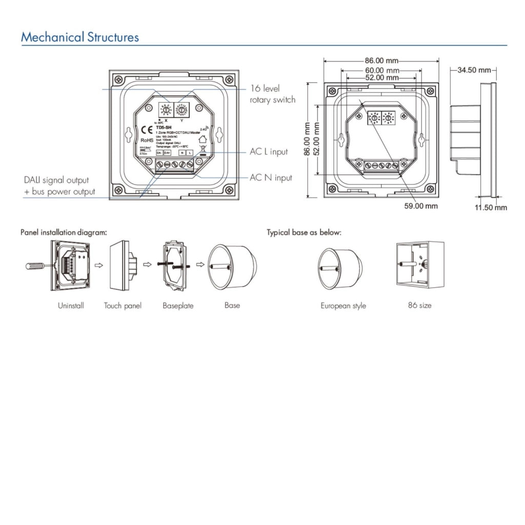 Pannello Touch DALI Bianco, Alimentatore Bus Integrato, 16VDC Max 100mA, 1 Zona 4 Scene, Touch Slider, Per Dimmer DT6, 86X86mm Per Scatola 502