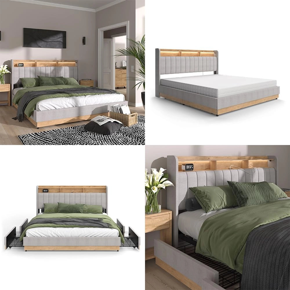 Letto imbottito Nura, Grigio, 180x200 cm con materasso, con porta di ricarica USB, illuminazione LED e telecomando