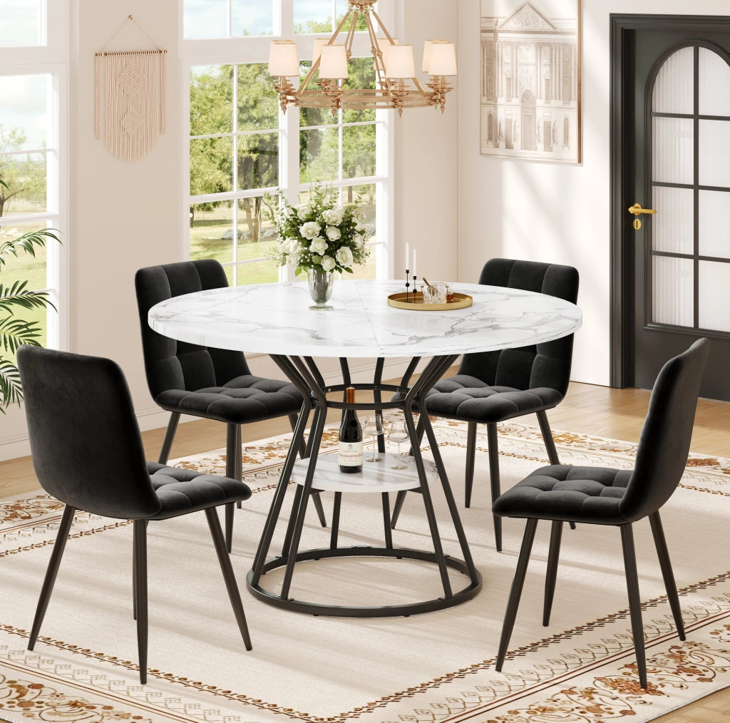 Set da pranzo 5 pezzi con 4 sedie e ripiano portaoggetti in MDF; metallo e velluto nero