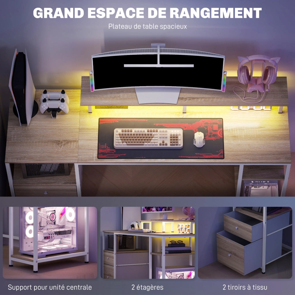 Scrivania computer con LED regolabili e cassetti ¨C Xylo ¨C legno naturale 155,5x48x88,5 cm
