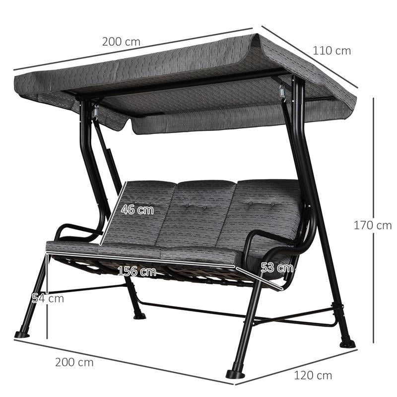 DONDOLO DA GIARDINO PER 3 PERSONE CON TETTUCCIO REGOLABILI 200X120X170CM NERO