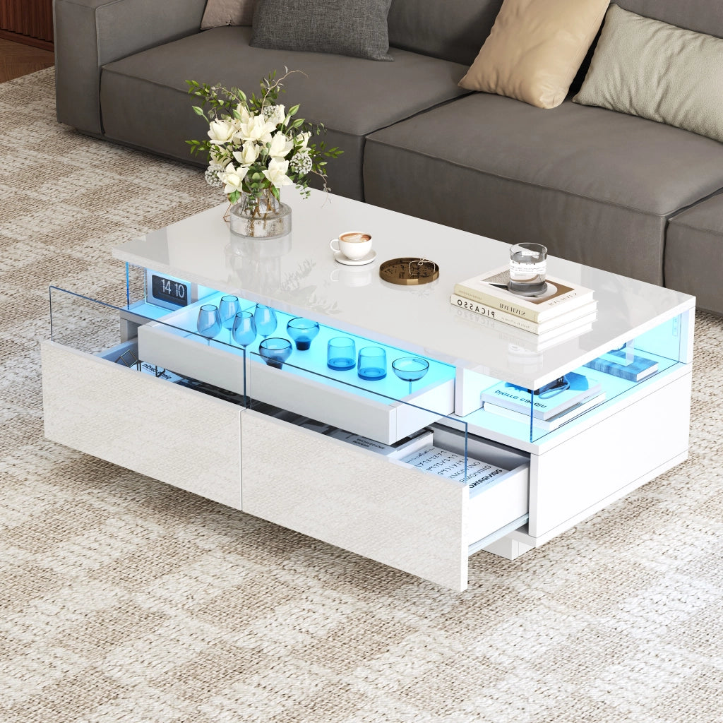 Tavolino da caffè 90 x 45 x 35,5 cm bianco lucido con vassoio estraibile, 2 cassetti, LED e piano in vetro temperato