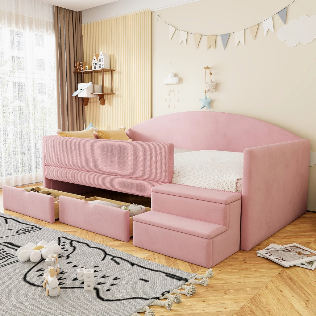 Letto per bambini 90 × 190 cm con 2 cassetti, barriera e scalini, senza materasso, in velluto, rosa