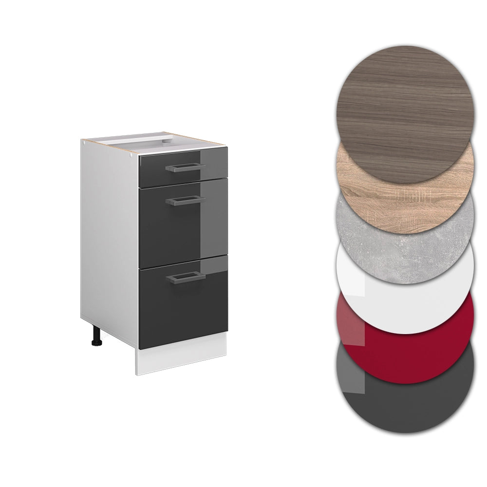 Mobiletto base per cucina R-Line Antracite lucido/Bianco 40 cm con cassetti, senza piano di lavoro Vicco