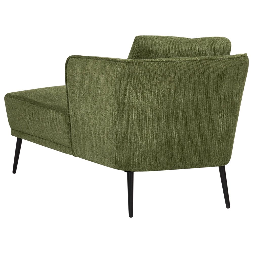 Chaise longue con cuscino verde scuro in tessuto bouclé lato sinistro stile retrò