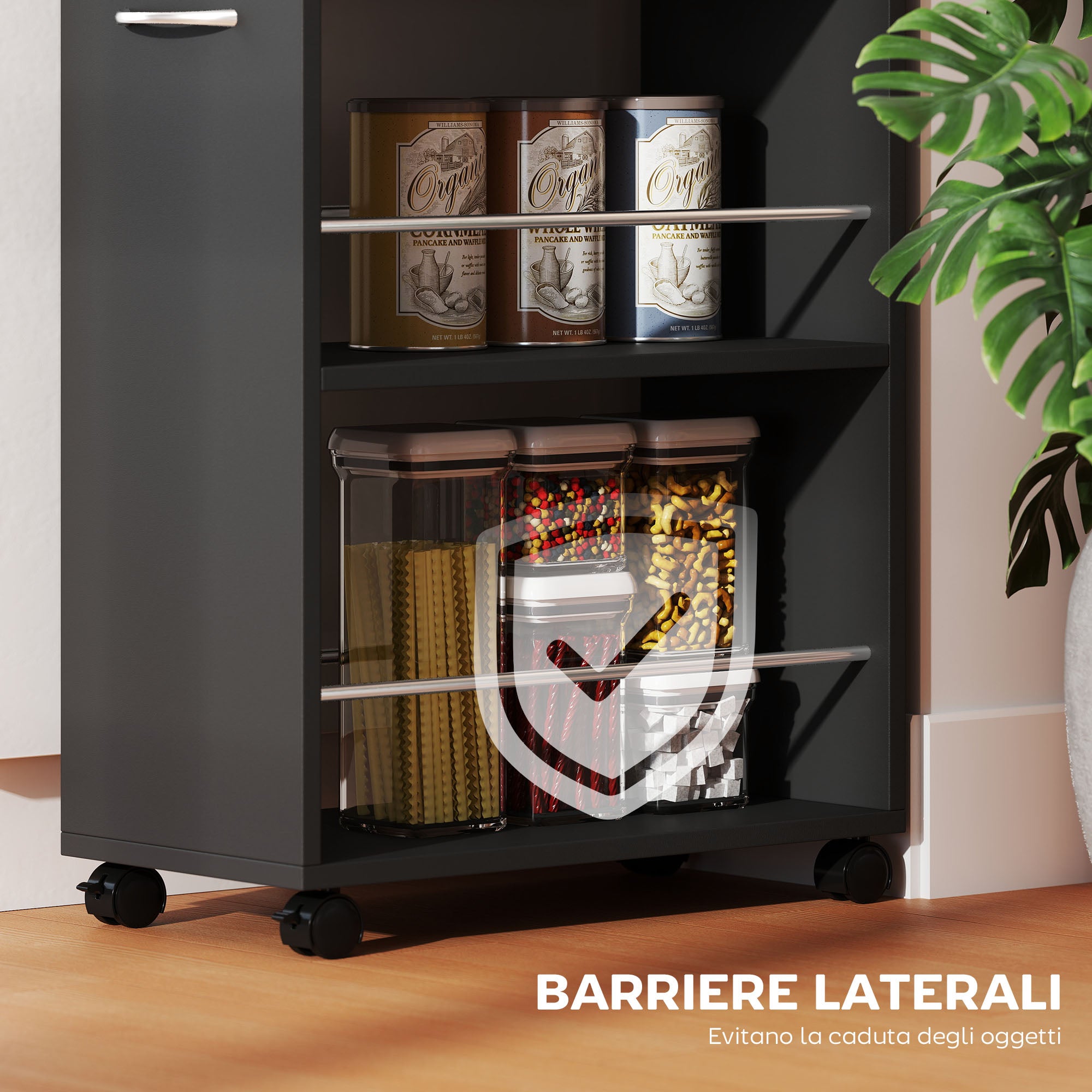 Carrello da Cucina 25x50x85 cm 2 Ripiani Aperti Cassetto e Parapetti in Legno e Acciaio Inox Nero