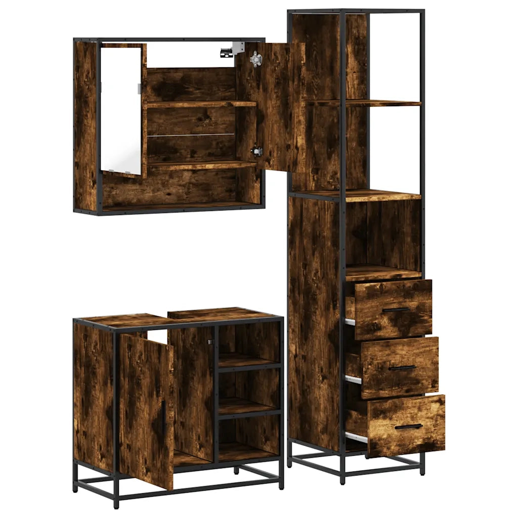Set Mobili da Bagno 3 pz Rovere Fumo in Legno Multistrato 3301177