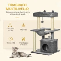 Albero Tiragraffi con Corde Sisal, Casetta e Amaca, Rivestimento Peluche e Feltro, Altezza 100cm, Grigio