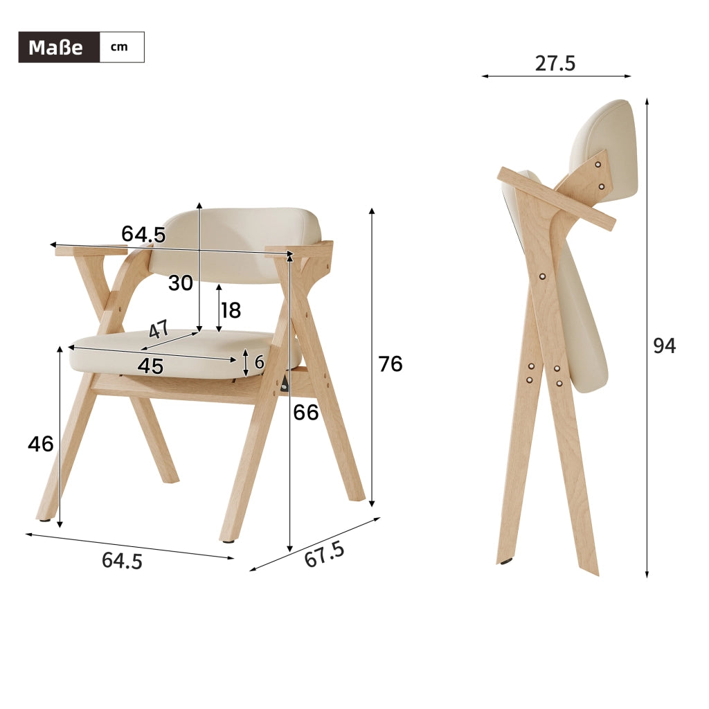 Set di 2 sedie da pranzo pieghevoli in legno massiccio con cuscino in lino, beige