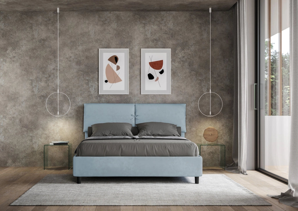 BS COM Letto matrimoniale con rete imbottito 160x190 microfibra azzurro