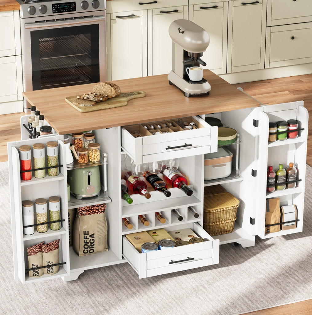 Carrello cucina con piano ribaltabile e portabottiglie, bianco