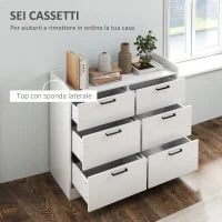 Cassettiera 6 Cassetti in Legno con Bordi Rialzati e Maniglie a U, 100x40x88 cm, Bianco