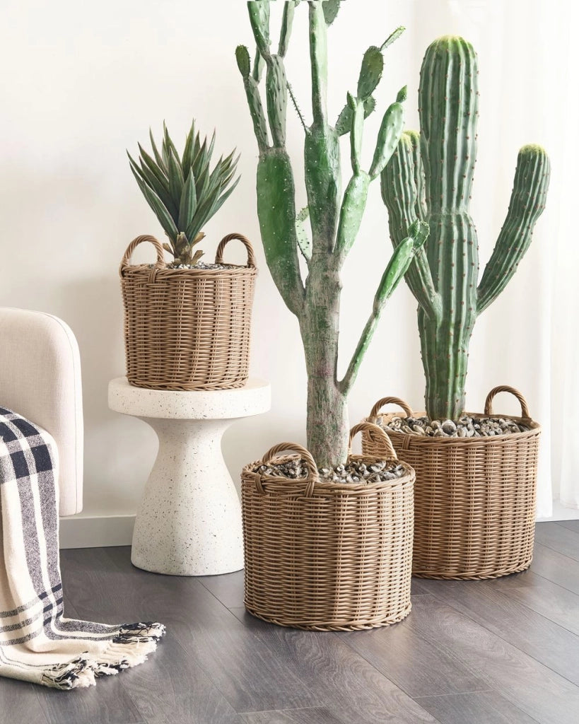 Set di 3 cesti per piante in PE Rattan marrone con manici Intarsio sintetico