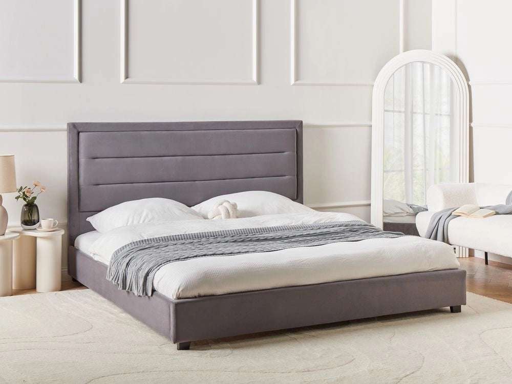 Letto matrimoniale in velluto grigio scuro 180 x 200 cm con testiera imbottita stile moderno