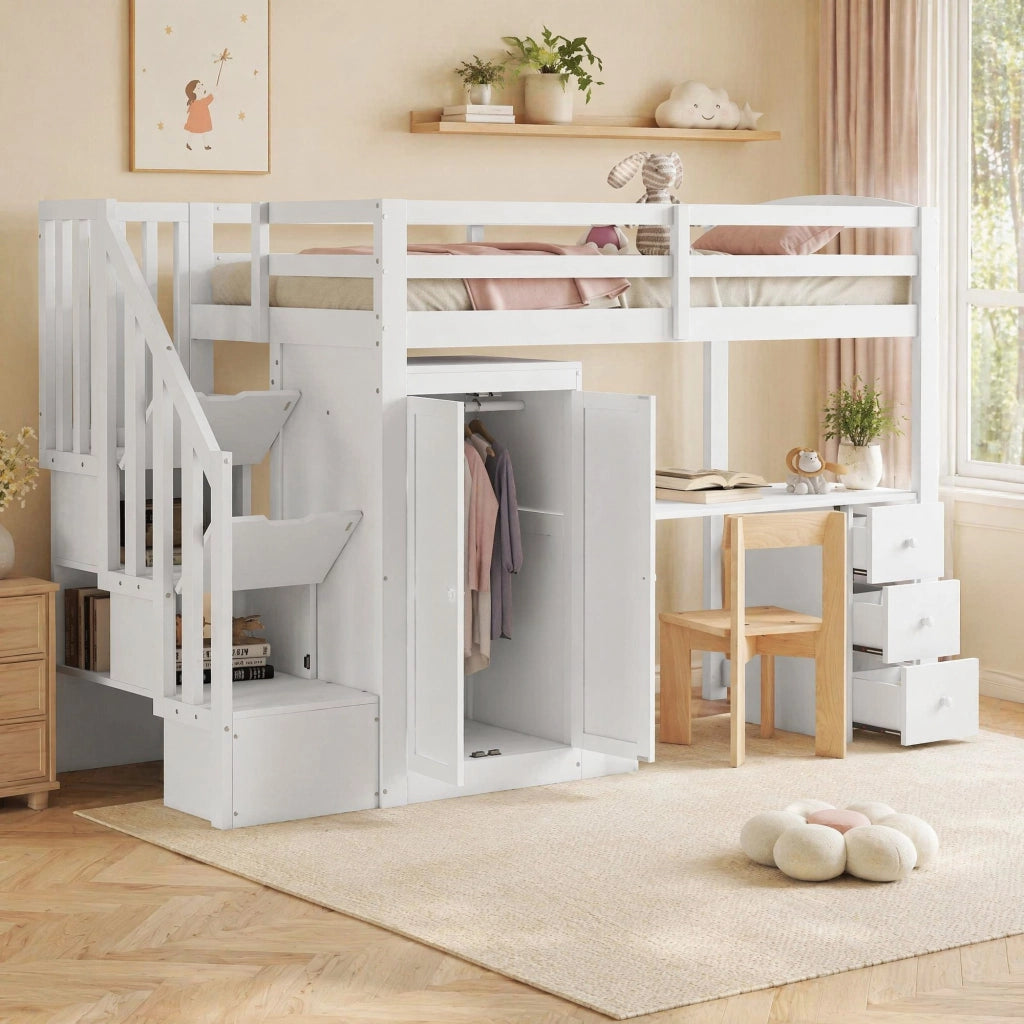 Letto a soppalco 90x200 cm con scrivania e armadio, bianco