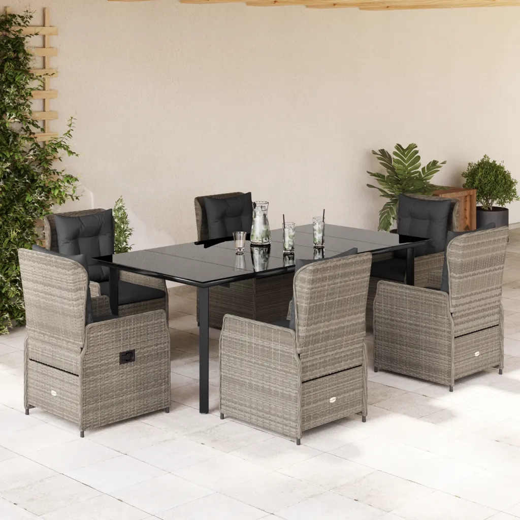 Set da Pranzo da Giardino 7 pz Cuscini Polyrattan Grigio Chiaro 3262908