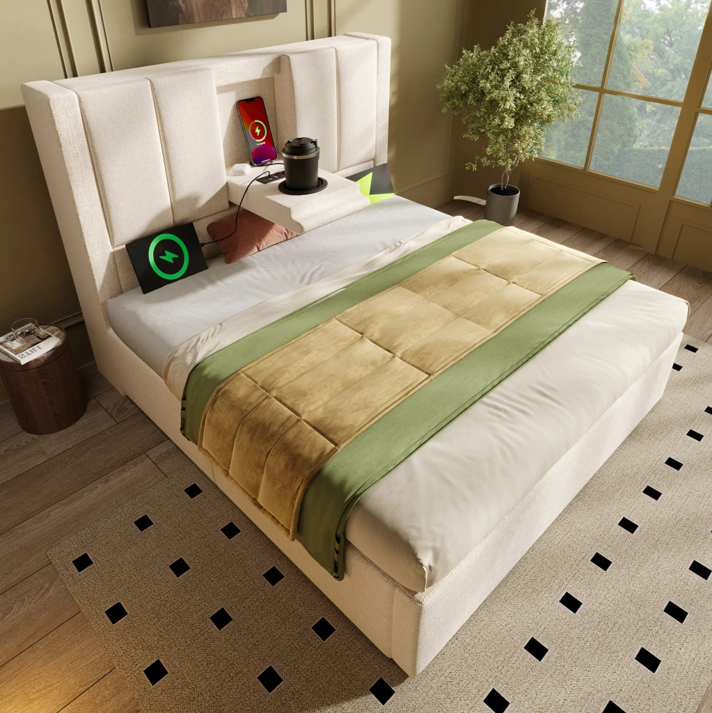 Letto imbottito 90x200 cm beige con vano contenitore e ricarica USB