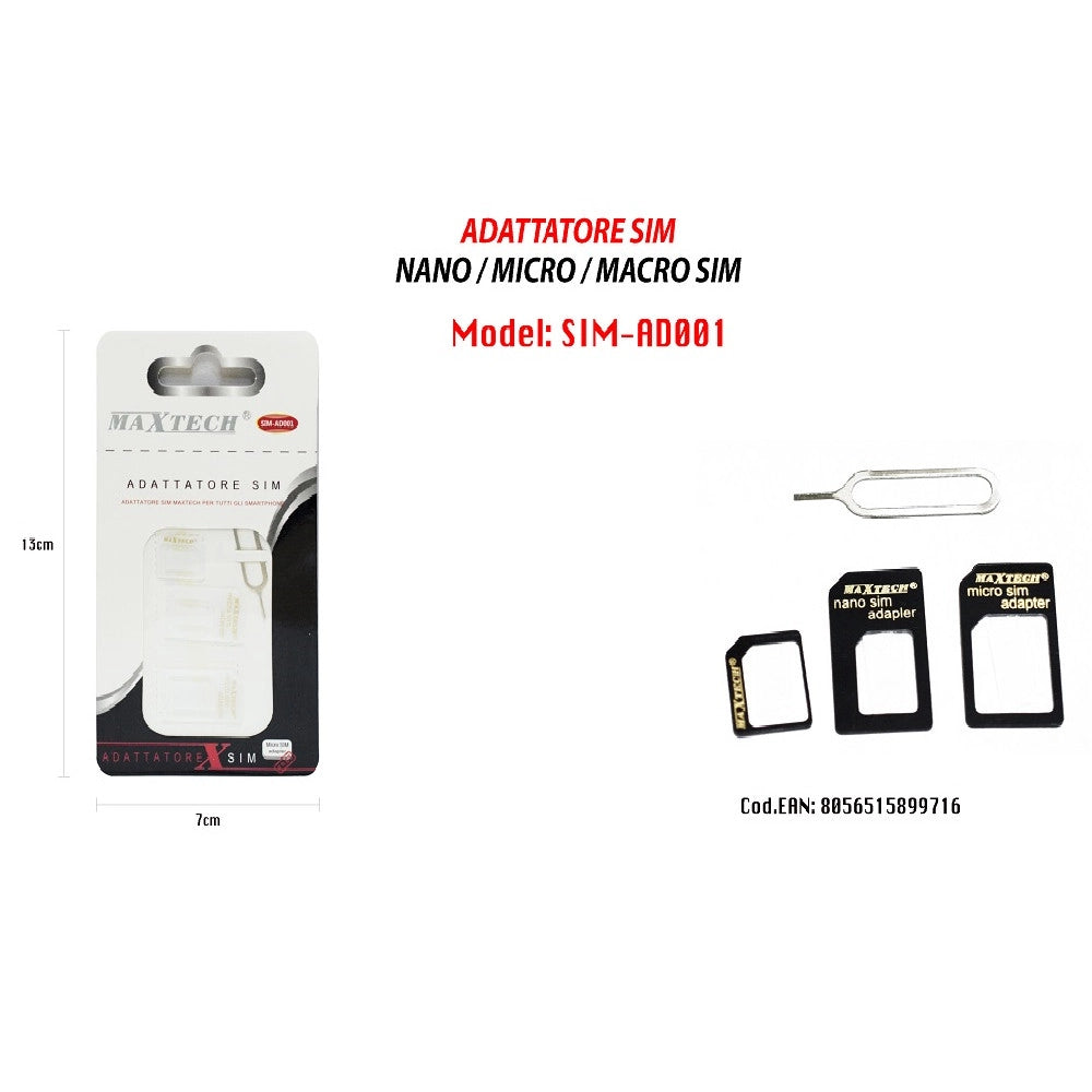 Trade Shop - Adattatore Scheda Sim Card Smartphone Nano Convertitore Estrattore 4in1 Maxtech Sim-ad001 -