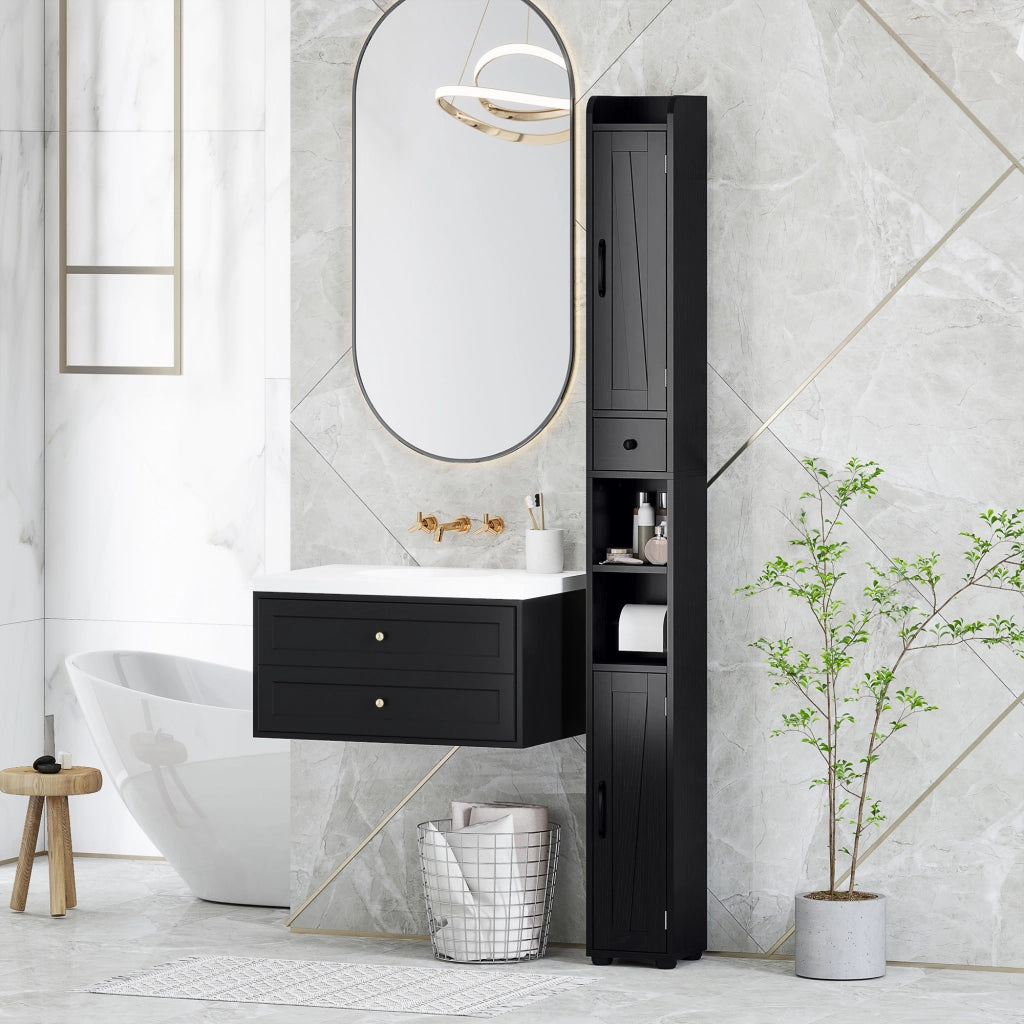 Colonna Bagno 2 Ante con Ripiani Regolabili e Portarrollos ¨C zephmum ¨C 20x20x185 cm Nero